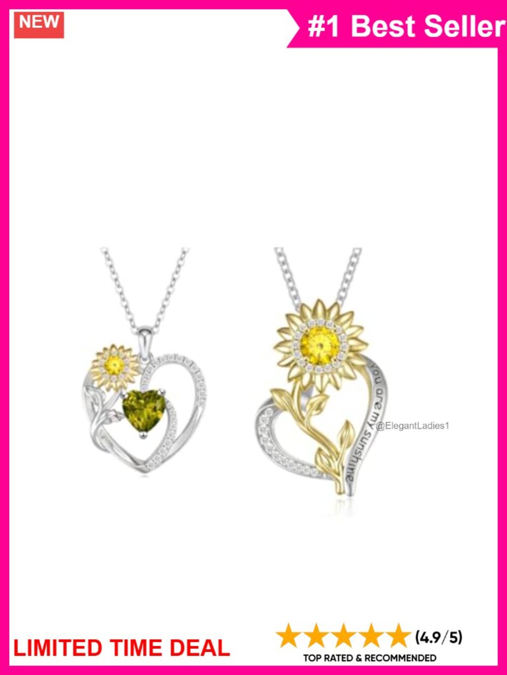 925 Sterling Silver 14K Gold Plated Sunflower Heart Necklace Set Peridot CZ